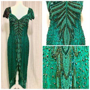 Vintage Silk Beaded & Sequined Green Dress